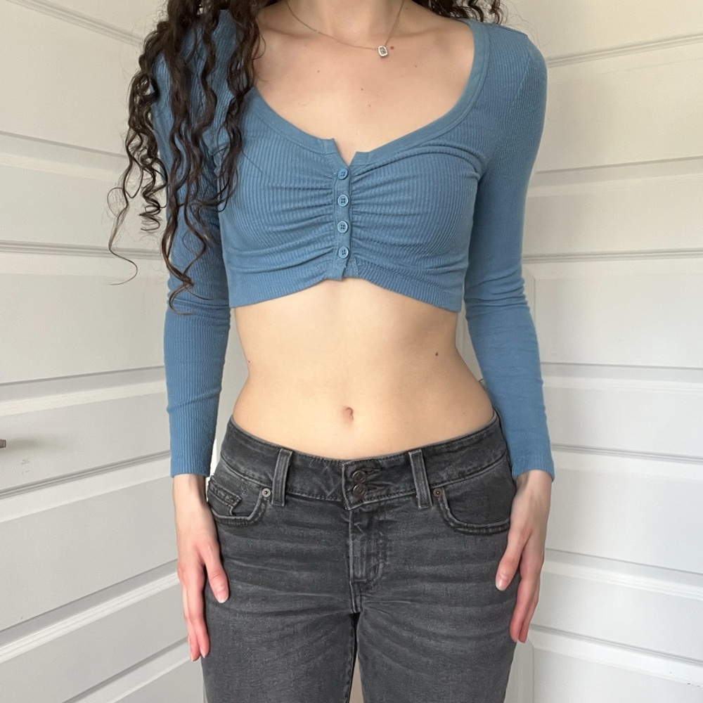 Urban Outfitters Blue Ruched Long Sleeve Crop Top Cropped Cardigan